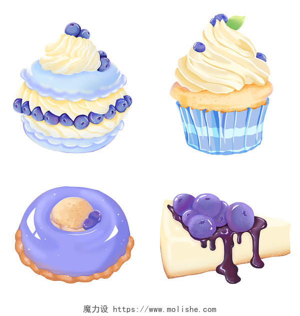 蓝莓系列甜品元素卡通甜品套图蓝莓马卡龙蓝莓芝士蛋糕PNG素材